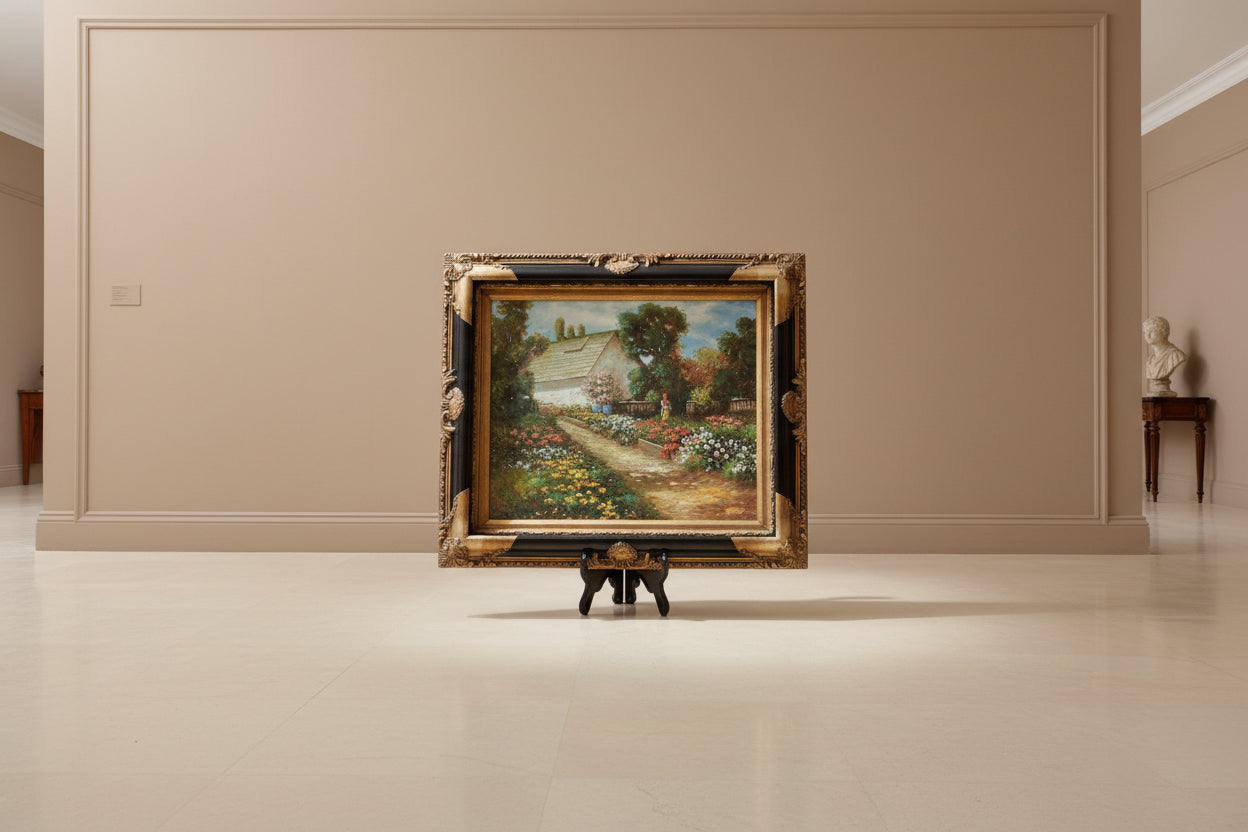 Painting of a garden scene in a decorative gold frame on an easel.