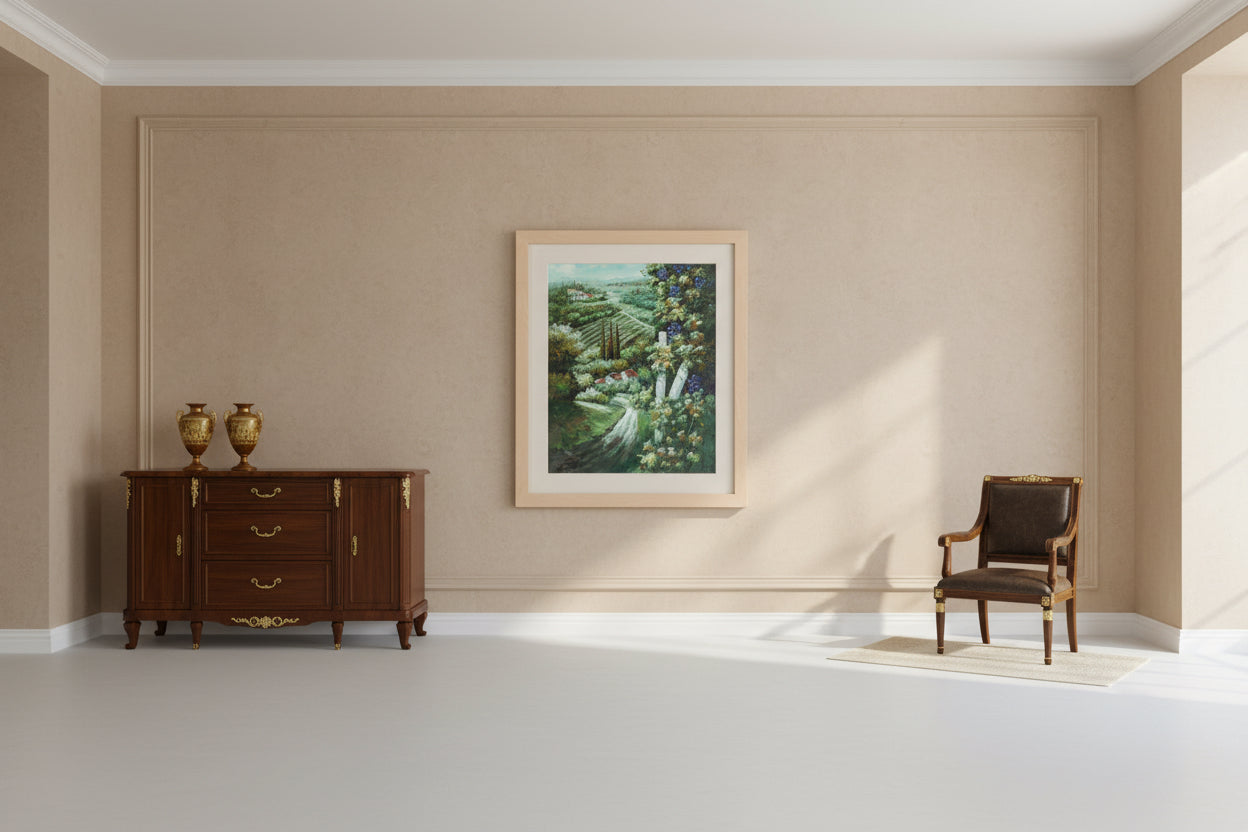 Painting of a scenic landscape with a winding road and buildings, framed by wooden panels.