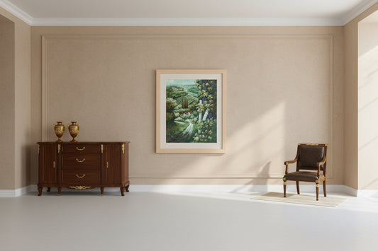 Painting of a scenic landscape with a winding road and buildings, framed by wooden panels.