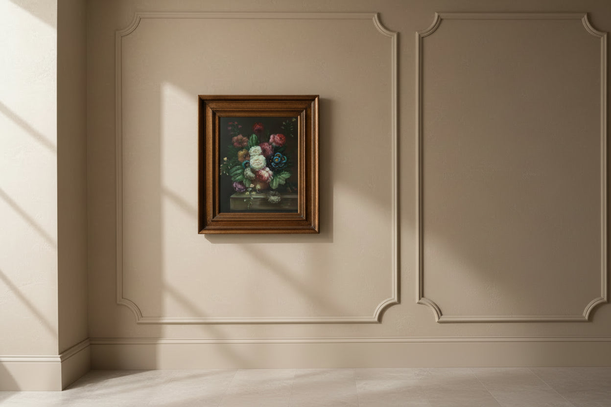 Framed still life painting of flowers on a wooden wall