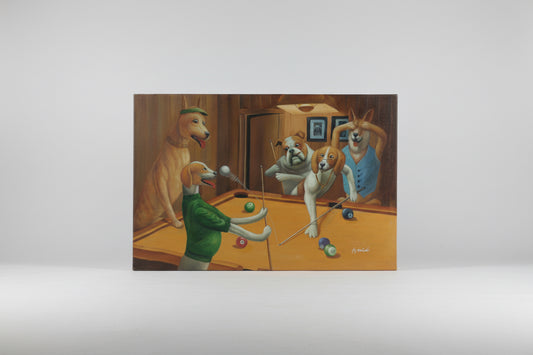 Painting of dogs playing pool on a wooden surface